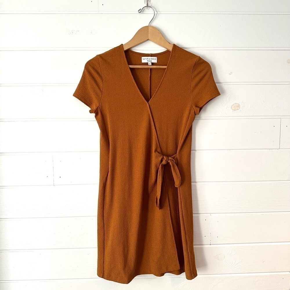 Madewell Texture & Thread Short Sleeve Side Tie Faux Wrap Mustard Dress Sz XS